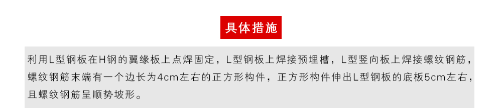 具體措施為：利用L型鋼板在H鋼的翼緣板上點焊固定，L型鋼板上焊接預埋槽，L型豎向板上焊接螺紋鋼筋，螺紋鋼筋末端有一個邊長為4cm左右的正方形構件，正方形構件伸出L型鋼板的底板5cm左右，且螺紋鋼筋呈順勢坡形。